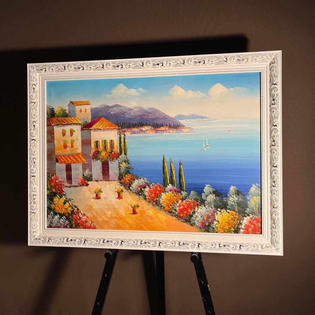 手書き油絵 地中海の風景 額付 肉筆絵画 インテリア 油彩画