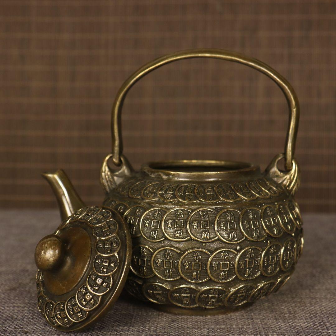 提梁壷 銅銭茶壺 工芸品 美術品 置物