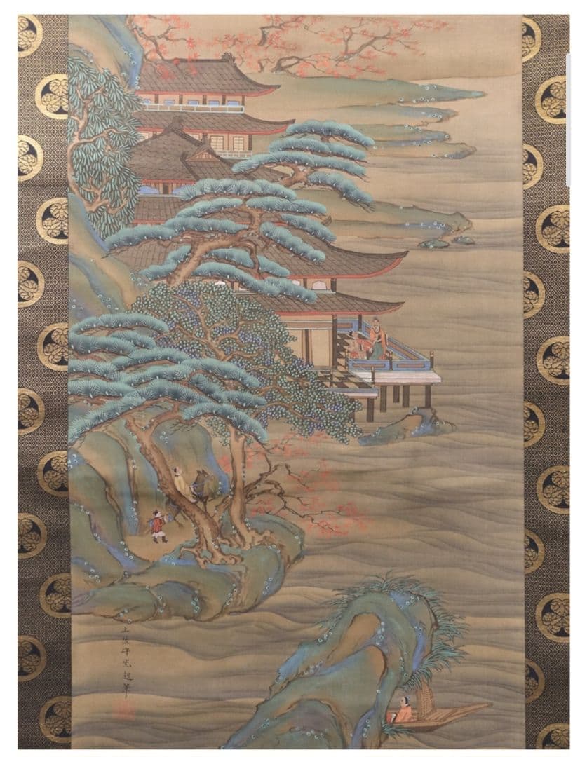 土佐光起 真筆 慶應三年以降の作 絹本 着色楼閣山水図 双幅 徳川家葵御紋表