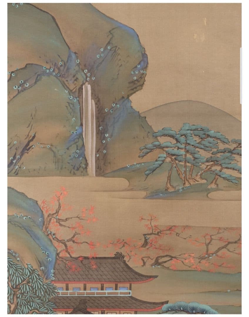 土佐光起 真筆 慶應三年以降の作 絹本 着色楼閣山水図 双幅 徳川家葵御紋表