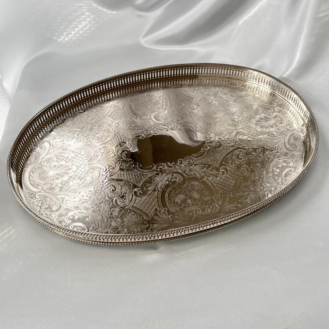 【英国】 ギャラリートレー オーバル型 45cm 【シルバープレート】大盤