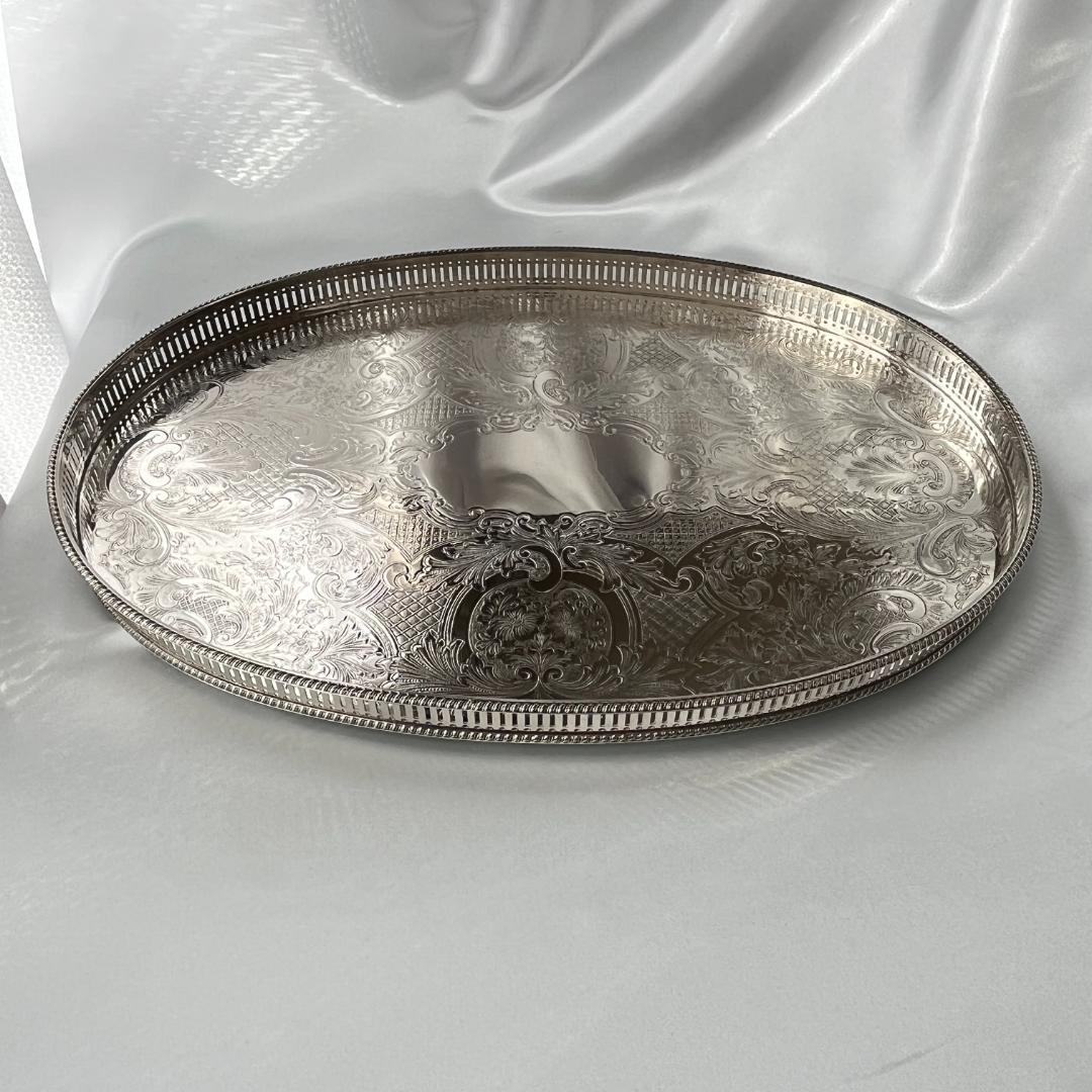 【英国】 ギャラリートレー オーバル型 45cm 【シルバープレート】大盤