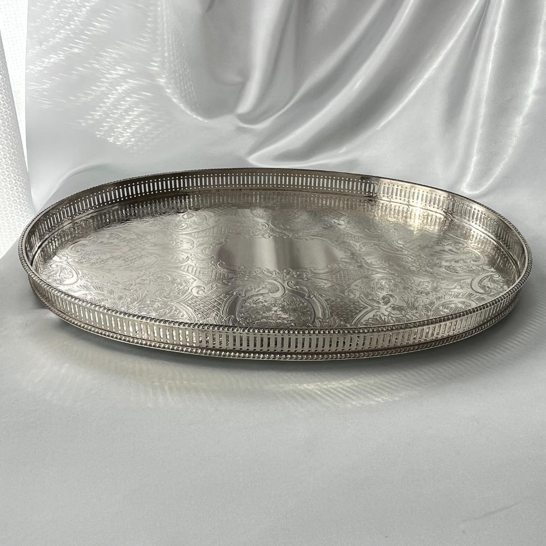 【英国】 ギャラリートレー オーバル型 45cm 【シルバープレート】大盤