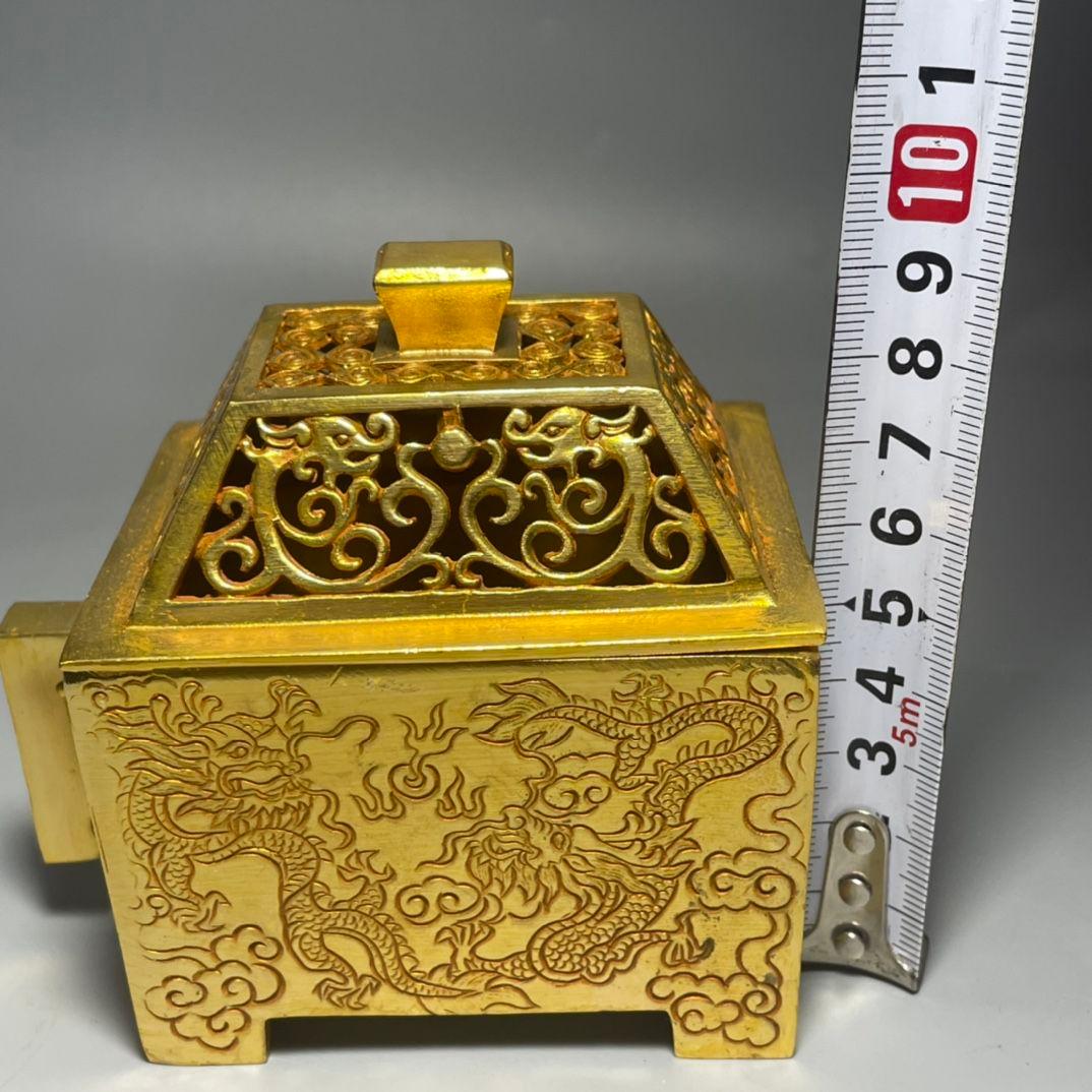 銅制 竜紋透かし彫り蓋宣徳方炉 室内香炉 香道具 茶道具 装飾品 工芸品 置物