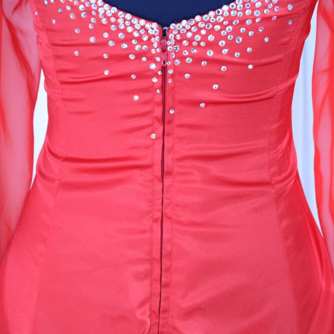 【美品 社交ダンス衣装】レッド ワンピース ドレス ラインストーン レース 袖