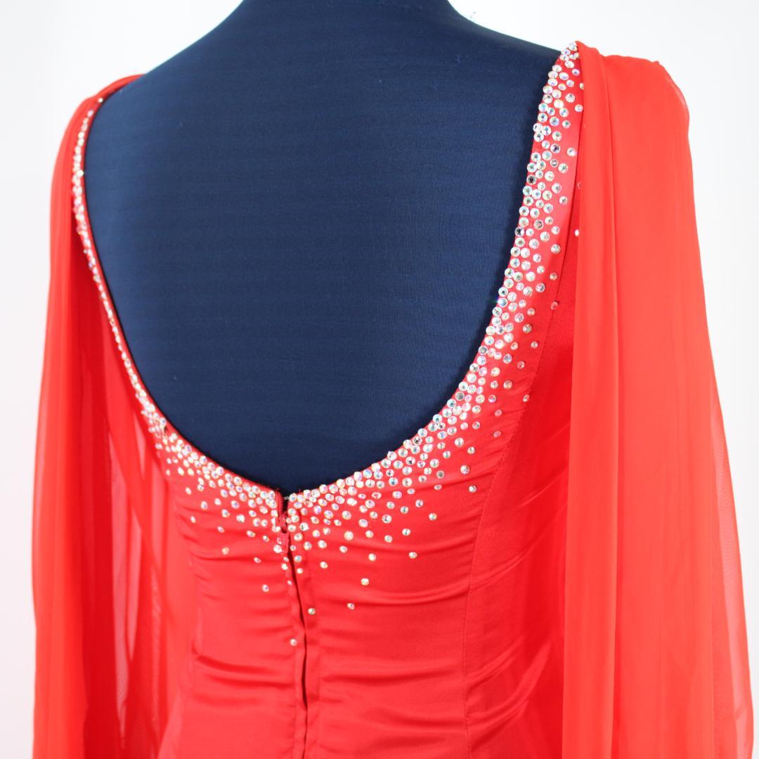 【美品 社交ダンス衣装】レッド ワンピース ドレス ラインストーン レース 袖