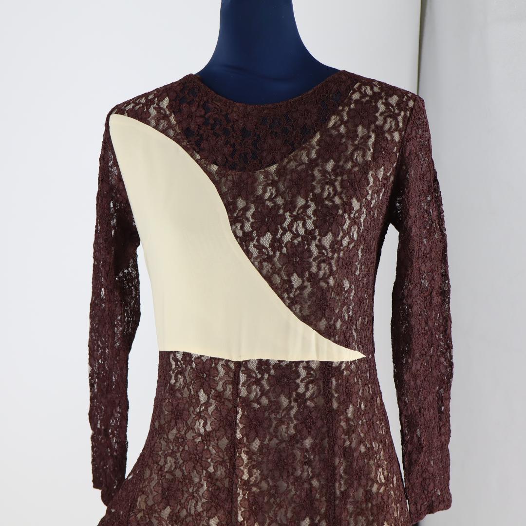 【美品 社交ダンス衣装】ブラウンレース地×クリーム ラテンドレス ストレッチ有