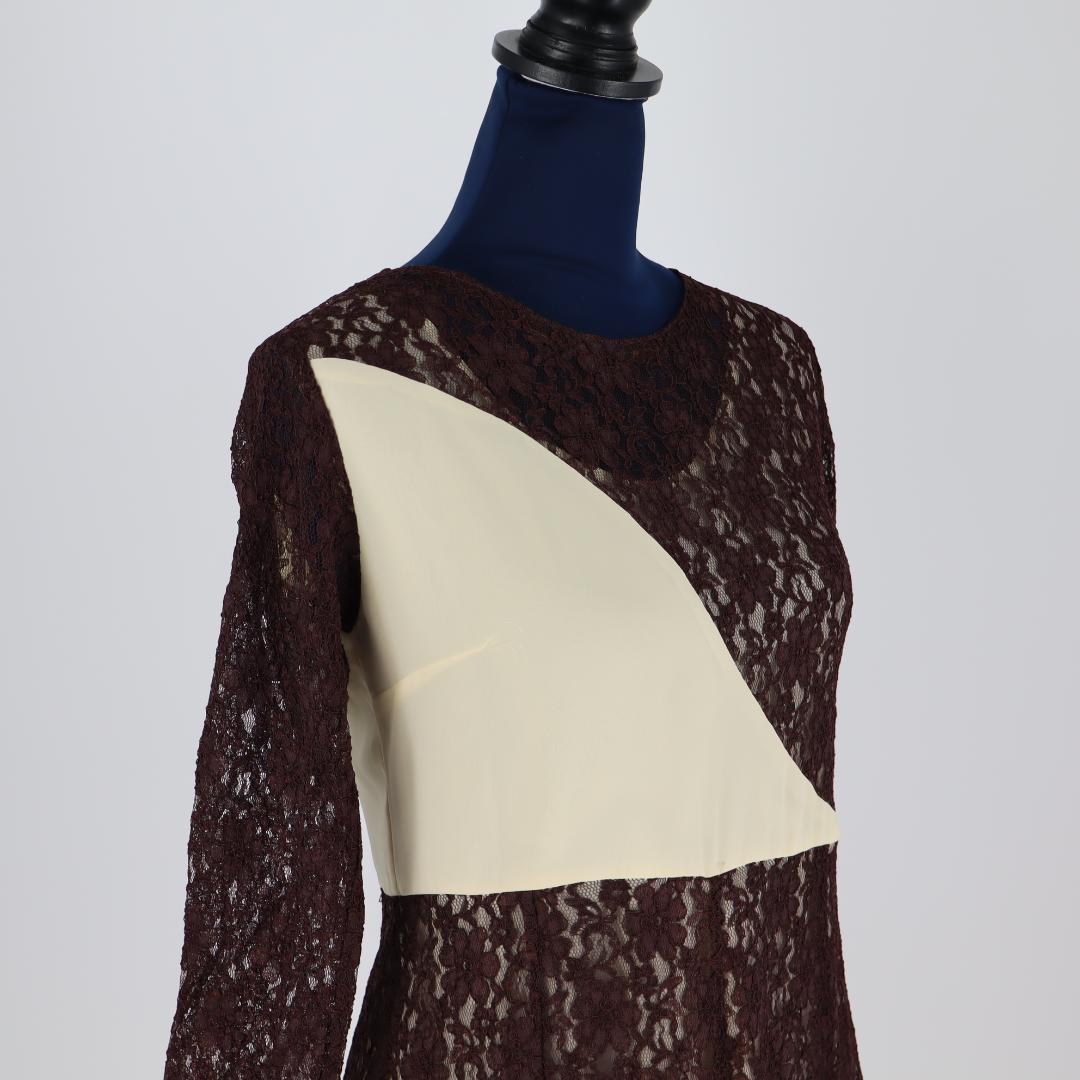 【美品 社交ダンス衣装】ブラウンレース地×クリーム ラテンドレス ストレッチ有