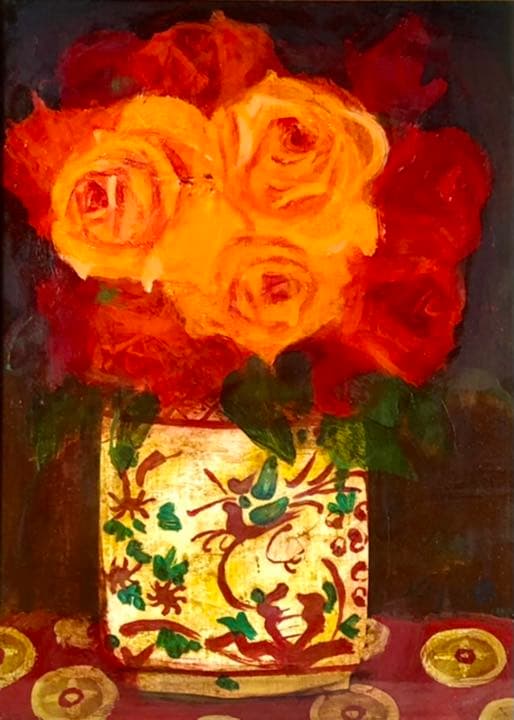 【真作】清原啓一「赤絵壺の薔薇」油彩4号　一枚の繪取扱作品　芸術院会員　巨匠名品