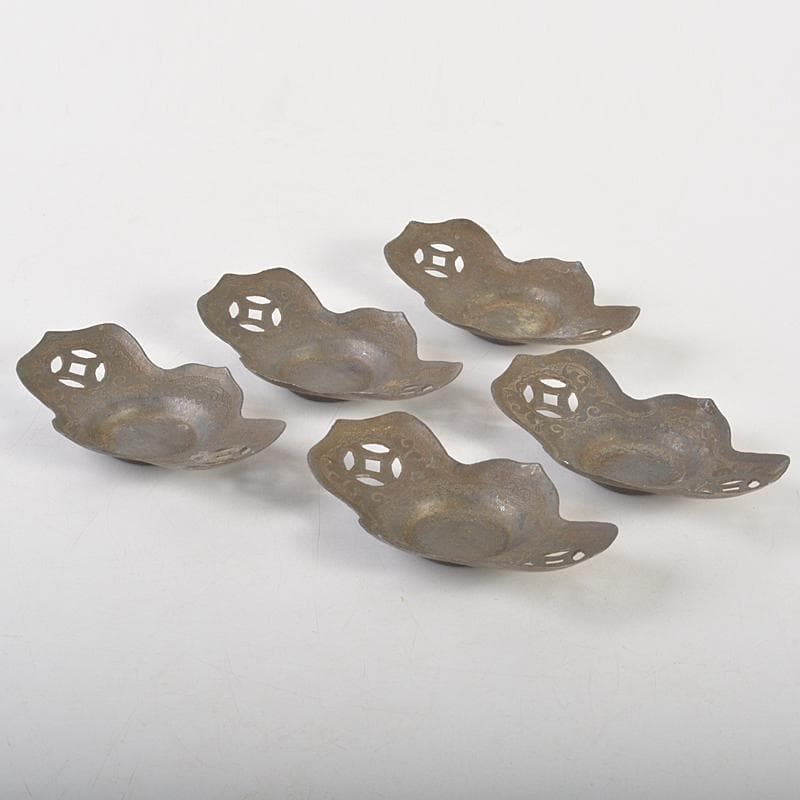 中国　古錫　洸存周款　木瓜式　茶托　五客　合計約186g　V　R7463