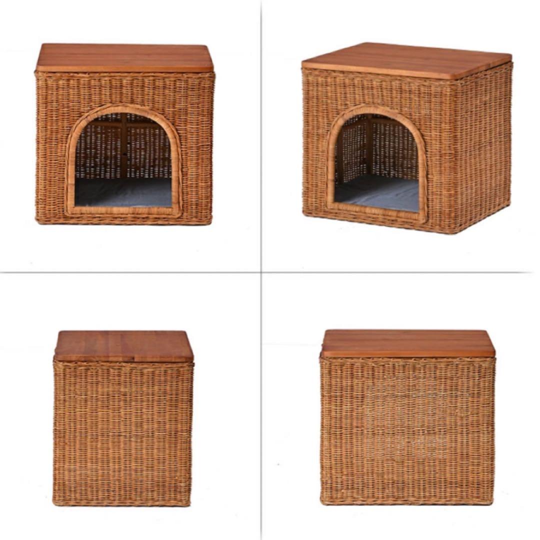 ラタン　ペットハウス クッション付き　籐製サイドテーブル