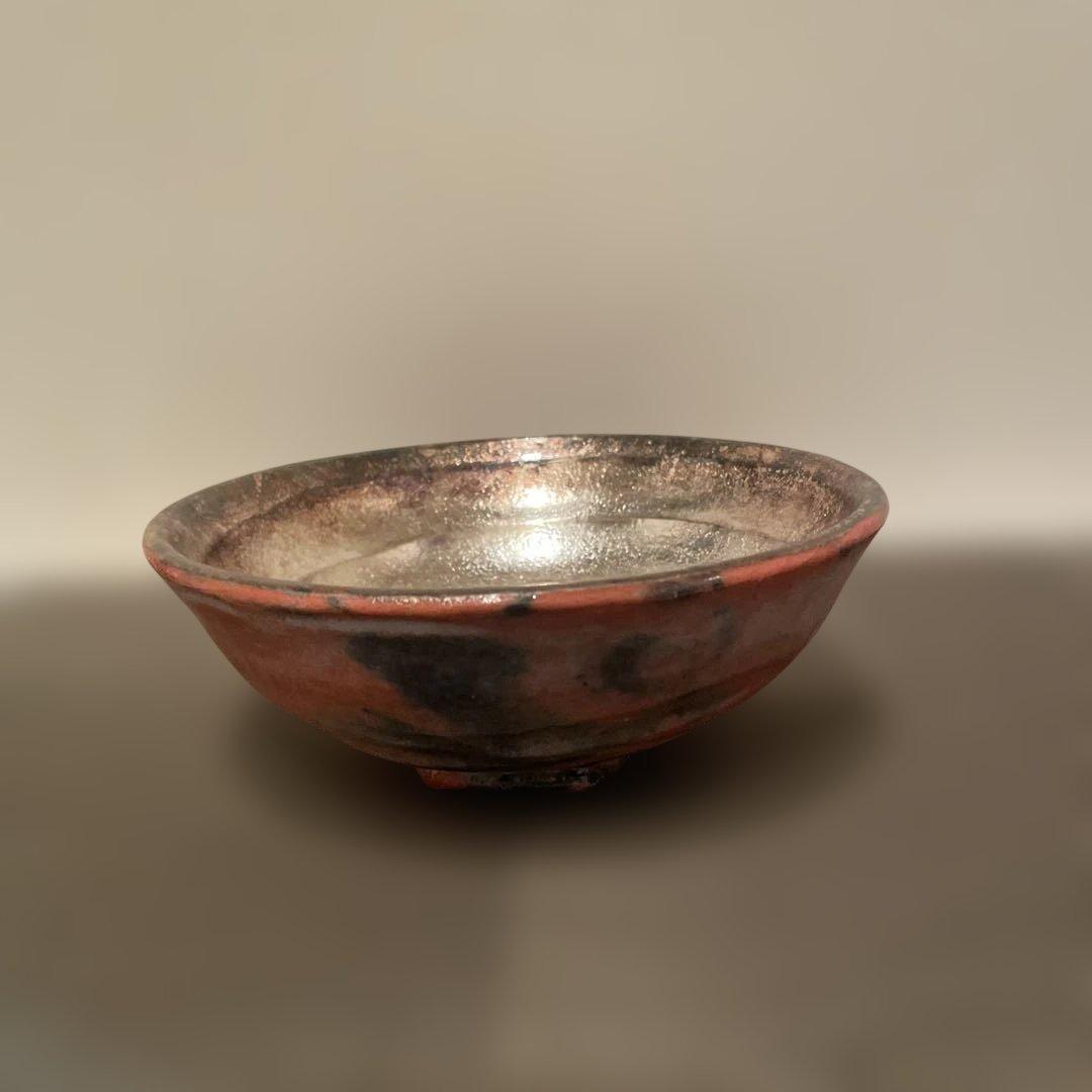 嶋台茶碗　佐々木松楽造　赤楽金銀　楽茶碗