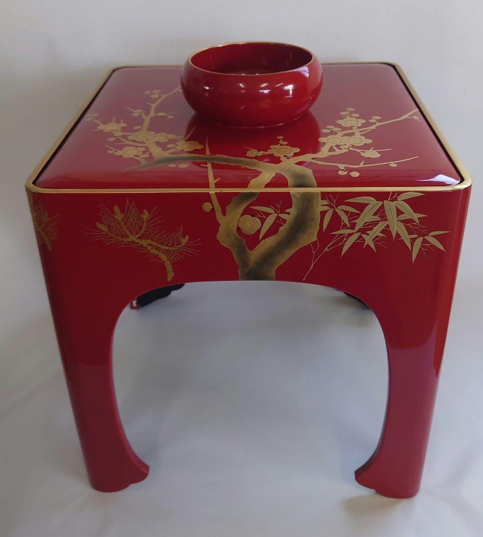 漆塗　木盃　丁字台付　松竹梅　三ッ組盃