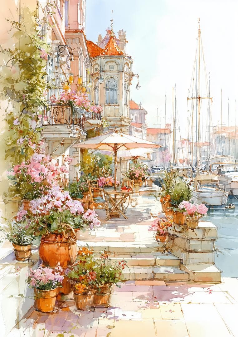 Hさん専用_Ａ４プリント画「パステルピンクに染まるテラスで」　他３枚