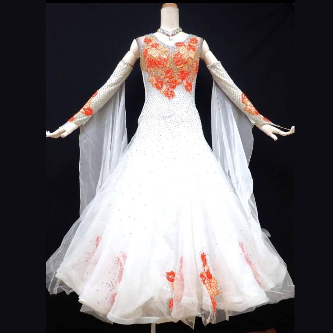 6353★オフ白×オレンジ/チュール/ワンピ/スタンダードドレス☆社交ダンス