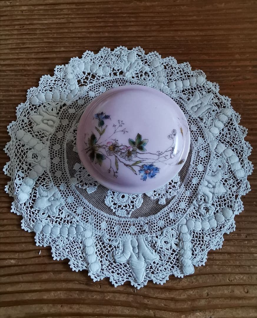 アンティーク リモージュ 手描き山野草 トリンケットジュエリーケース 蓋付陶器