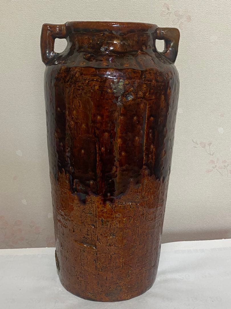 ♦希少！大樋焼 時代物 飴釉箆面取り 双耳壺 瓶 華道 茶道具 花生け 骨董品