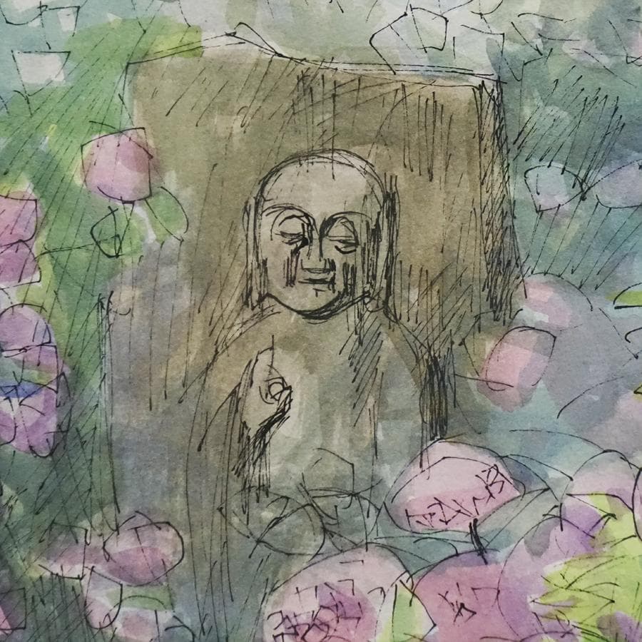 斎藤政一『矢田寺あじさいと地蔵』 一枚の繪 水彩画 絵画 美術 芸術 額装