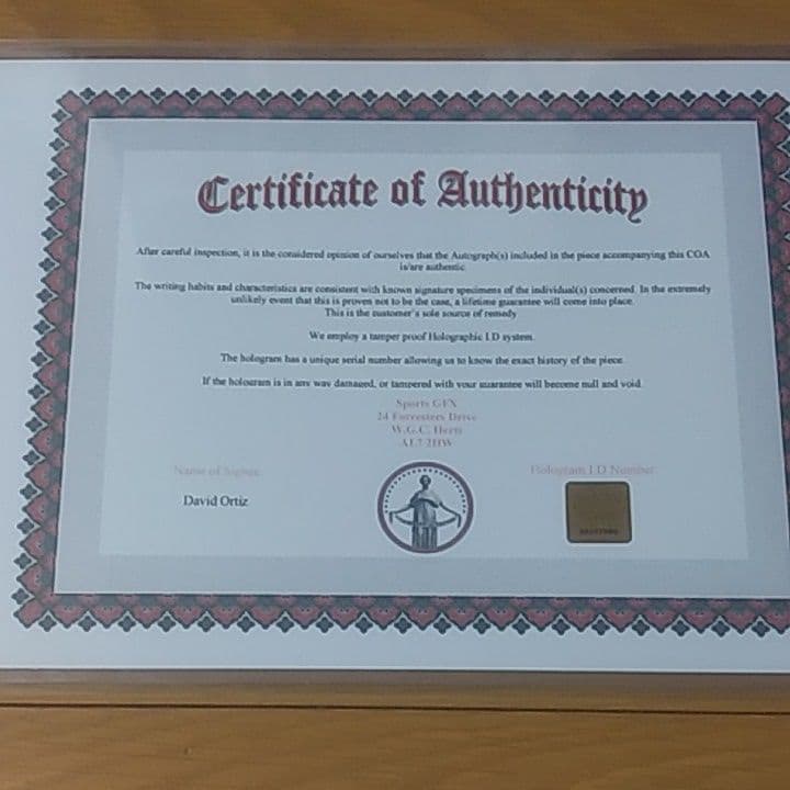 デビッド・オルティス(ボストン・レッドソックス)直筆サイン入りフォト証明書付き