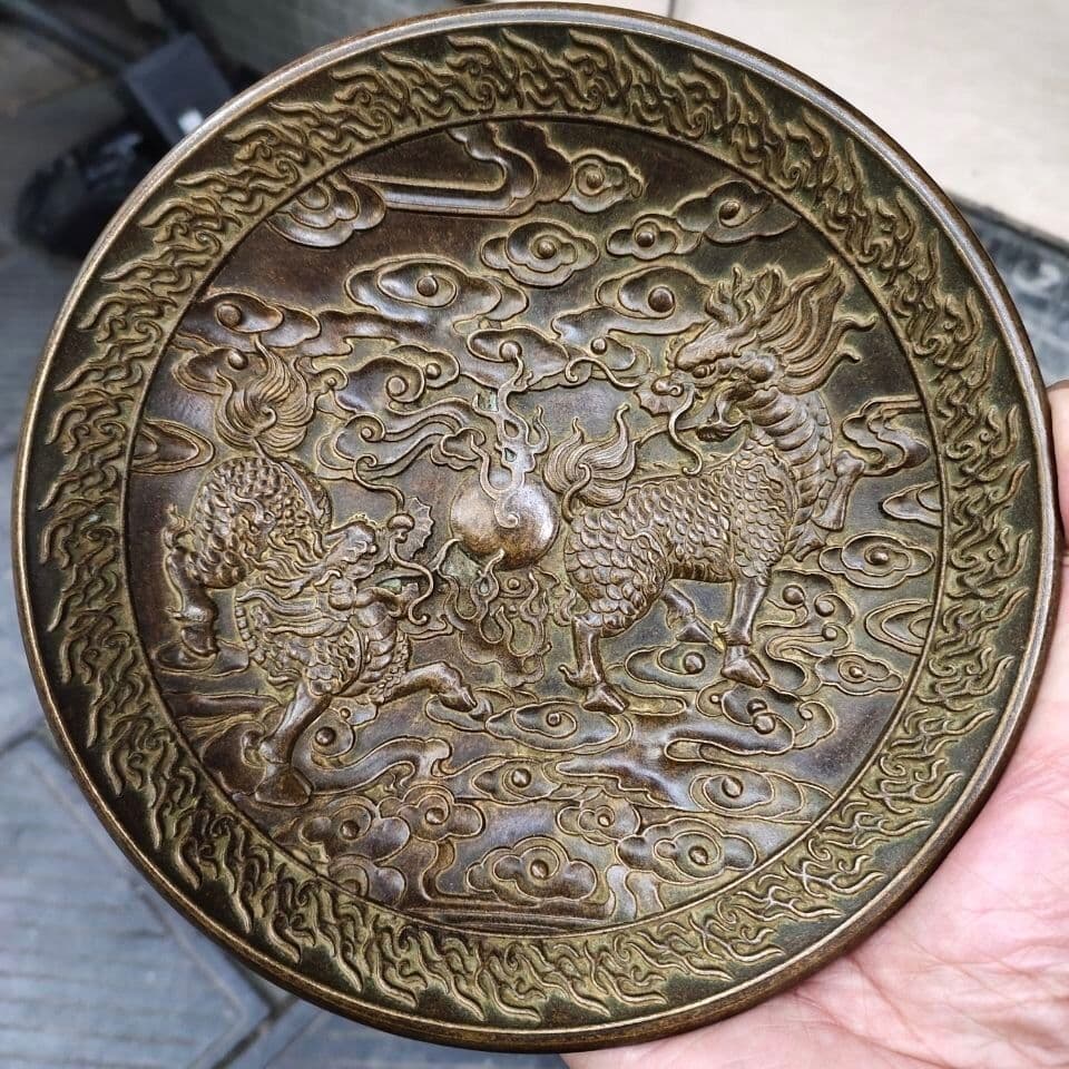 重工 彫刻 祥雲瑞獣 麒麟 大銅盤 銅製品 鎮宅辟邪 開運風水 招財 置物