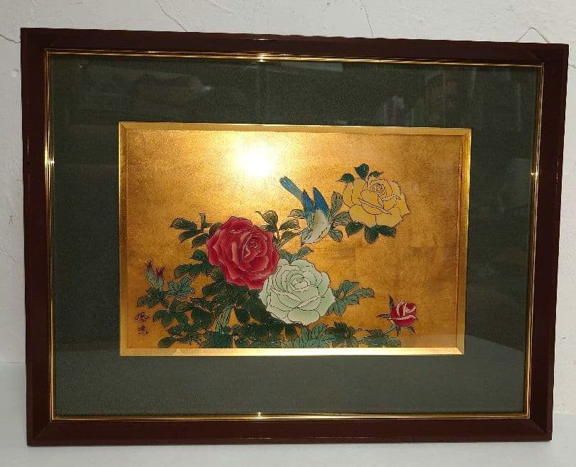 宮越鳳鳴 加賀金箔七宝工芸彫 薔薇 バラ ばらroseローズ 鳥 銅板金工 彫金