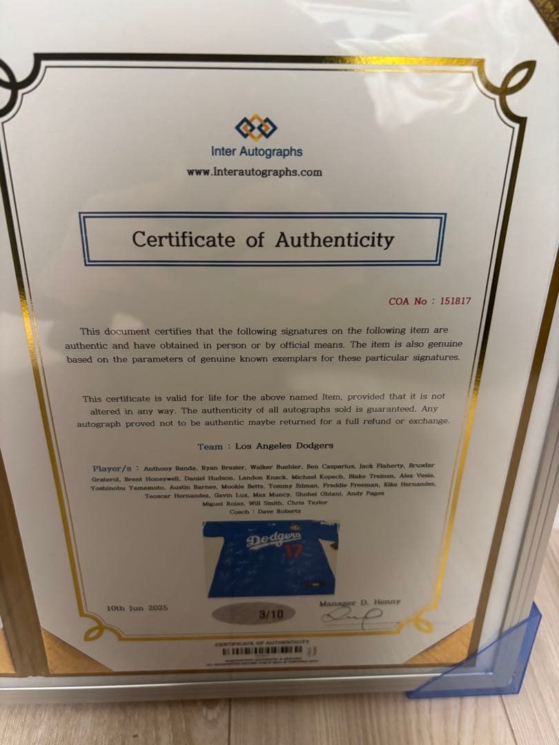 ドジャース 大谷翔平 直筆サイン入りユニフォーム 額縁入り　限定