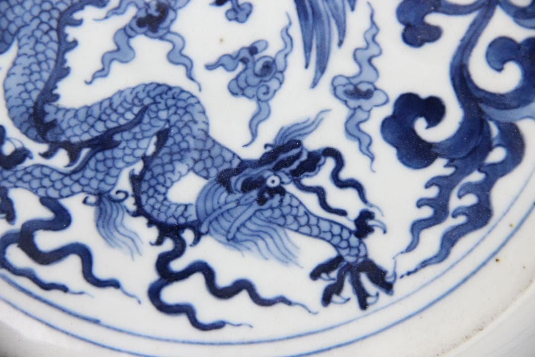 中国 清代 染付　青花双龍戯珠図 花口洗 大明宣徳年製 文房具　皿 FJ9-10