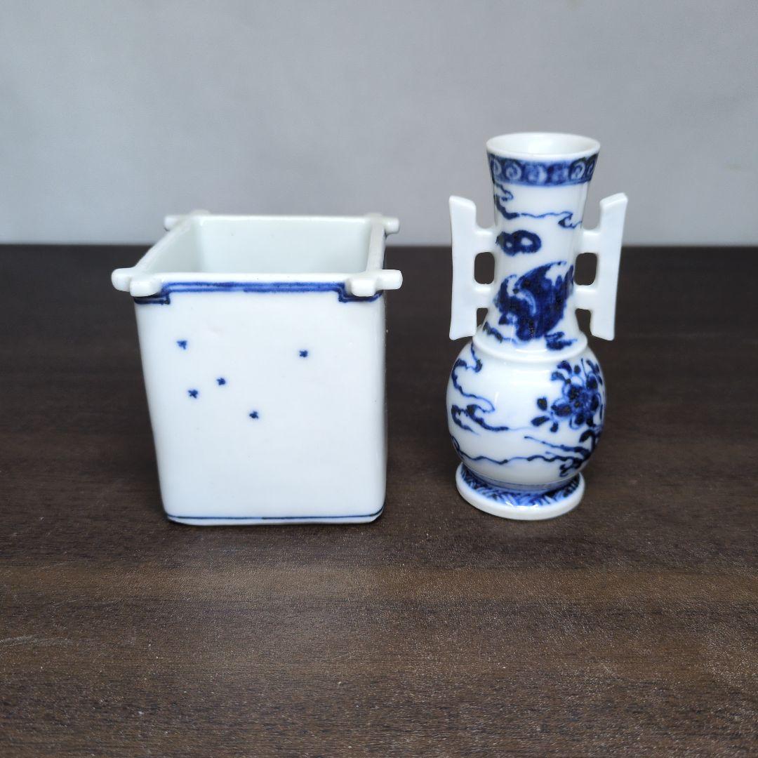 川瀬竹春 作 染付 山水漁夫文 茶巾筒＆在銘 染付 花鳥文 箸立 2点セット