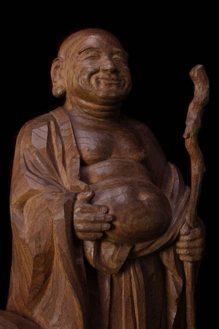 布袋尊 立像 天然木 木彫り 彫刻 一刀彫 箱付 七福神 布袋様 布袋 作家物