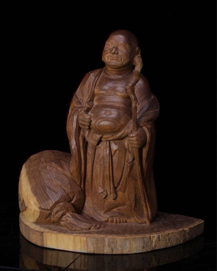 布袋尊 立像 天然木 木彫り 彫刻 一刀彫 箱付 七福神 布袋様 布袋 作家物