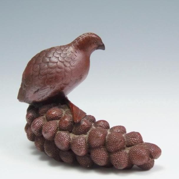 古備前 鳥 鶉 葡萄 松ぼっくり 和風 置物 細工物 骨董品 備前焼