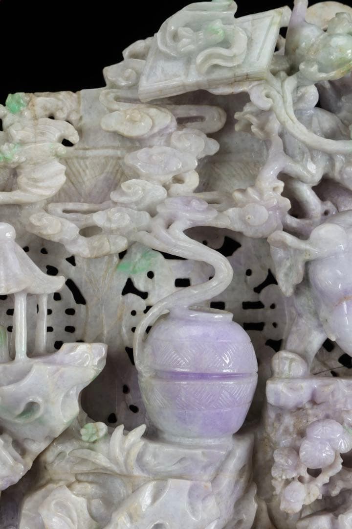 【希少美品】ラベンダー翡翠精緻彫刻置物 龍獅子象楼閣吉祥文字透かし 飾台座付