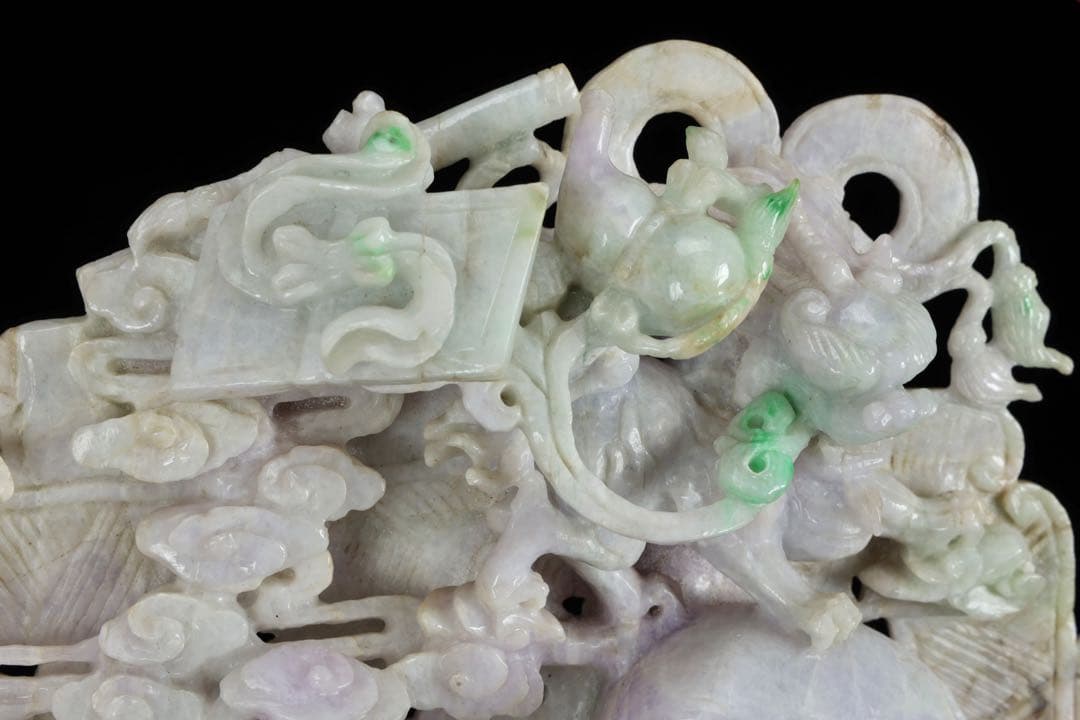【希少美品】ラベンダー翡翠精緻彫刻置物 龍獅子象楼閣吉祥文字透かし 飾台座付