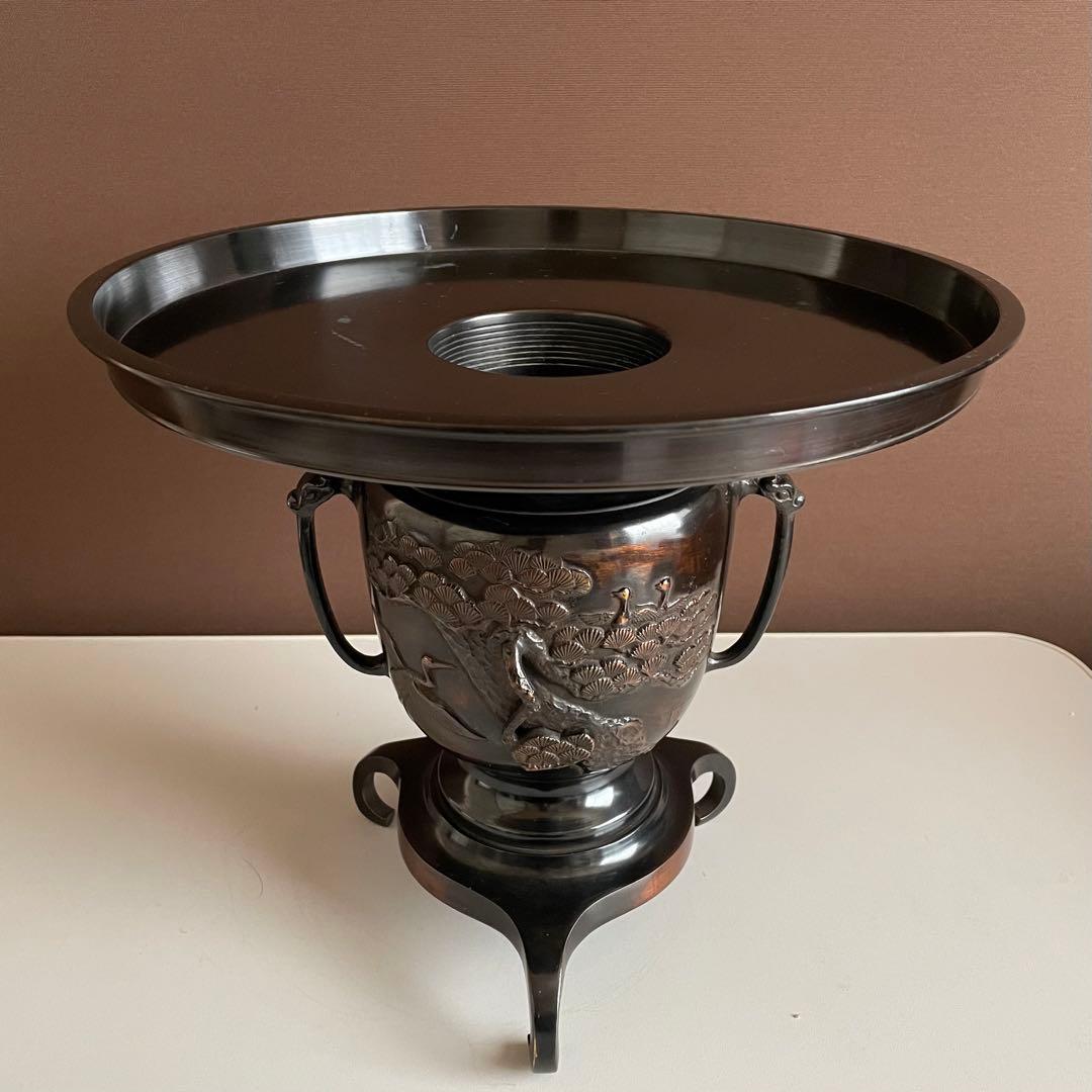 銅花器 薄端 松と鶴 在銘 銅花器 唐銅 茶道具華道具 重さ5.45kg  03