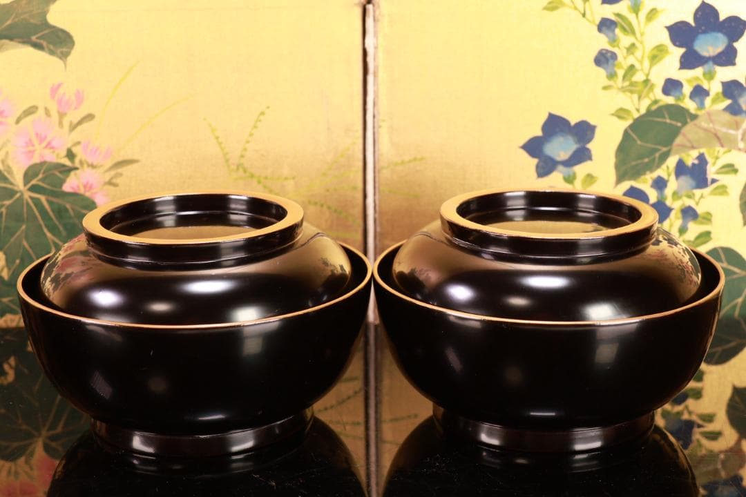 BJ018　輪島塗　布着堅地　盛岡庄五郎 作　縁金 草花金蒔絵椀　二客　木製