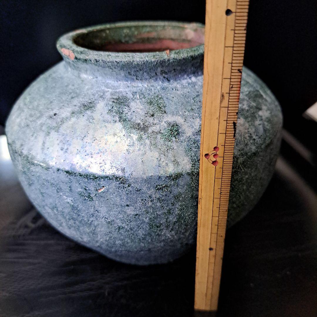 お値下げ中　　発掘品　中国古玩　後漢　一世紀頃　　銀化小壺　緑釉