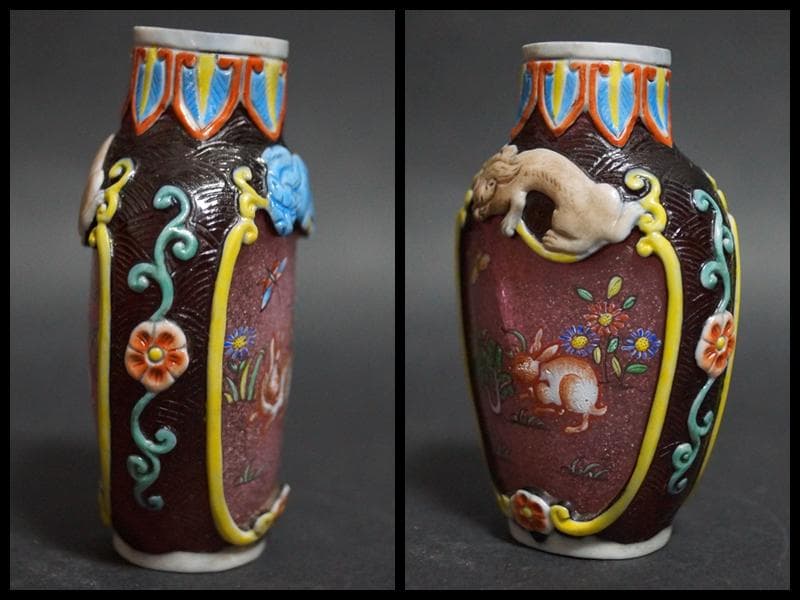 清 乾隆年製 在銘 鼻煙壷 被せガラス彫り窓絵『可愛らしい兎蝶々文』嗅ぎタバコ