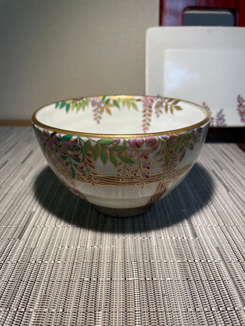 129桑野むつ子 京都 御所の花十二ヶ月【5月 藤の花】抹茶椀・和陶皿 しおり付