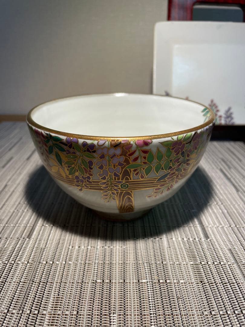 129桑野むつ子 京都 御所の花十二ヶ月【5月 藤の花】抹茶椀・和陶皿 しおり付