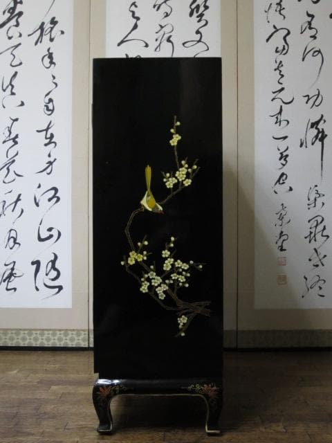 黒漆 中国美術 花鳥図 真鍮金具 茶道具 飾り棚/煎茶棚/キャビネット/書棚