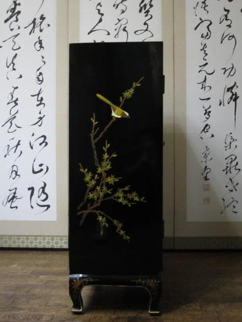 黒漆 中国美術 花鳥図 真鍮金具 茶道具 飾り棚/煎茶棚/キャビネット/書棚
