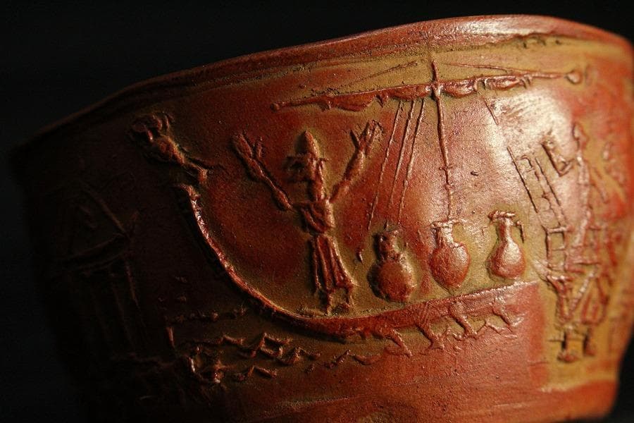 古い 西洋陶磁 朱泥 人物紋 茶器 桑蓋 茶道具伝来(K-YC381)