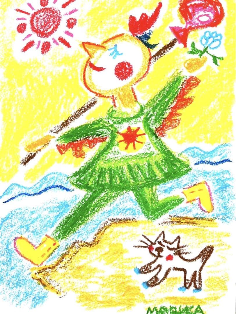 クレヨン画 鳥と猫の絵