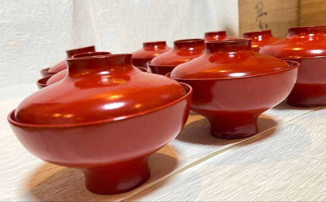 時代物 漆器 本珠 吸物椀 蓋付き 10客セット 木箱付 アンティーク171