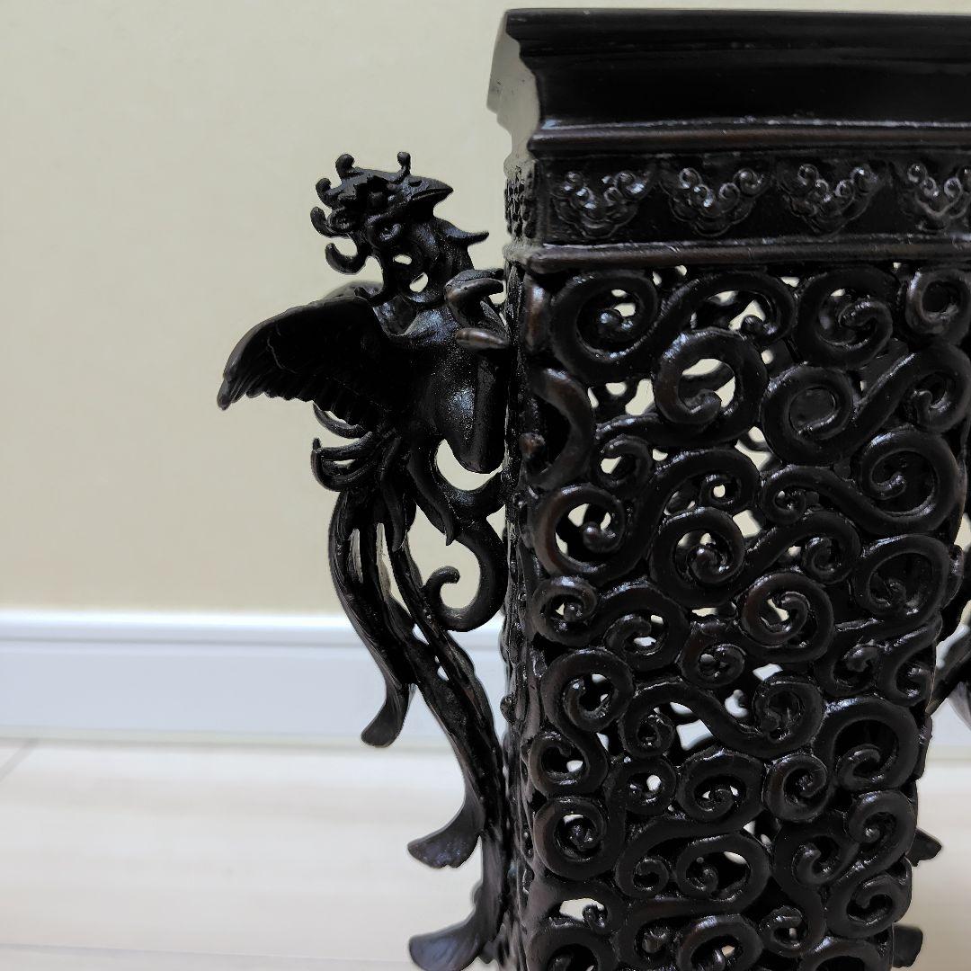 高岡銅器 青銅製花器 角型 唐草透かし 鳳凰耳付（蓋無し）