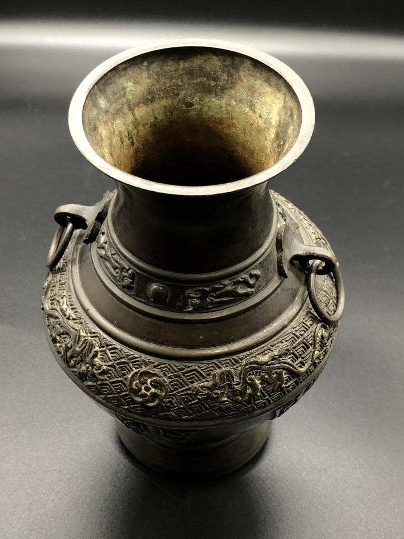 【 雨龍図銅花瓶 】 江戸期花入 蔵出品 　　K1205I