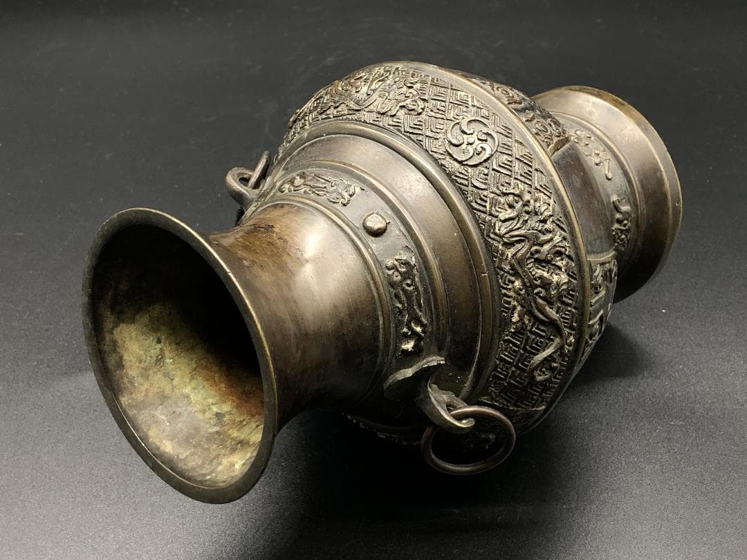 【 雨龍図銅花瓶 】 江戸期花入 蔵出品 　　K1205I