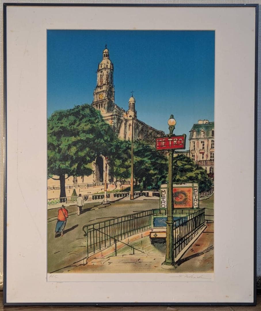 【真作】版画　リトグラフ　パリの街角と教会　ヨーロッパ風景版画　Y42