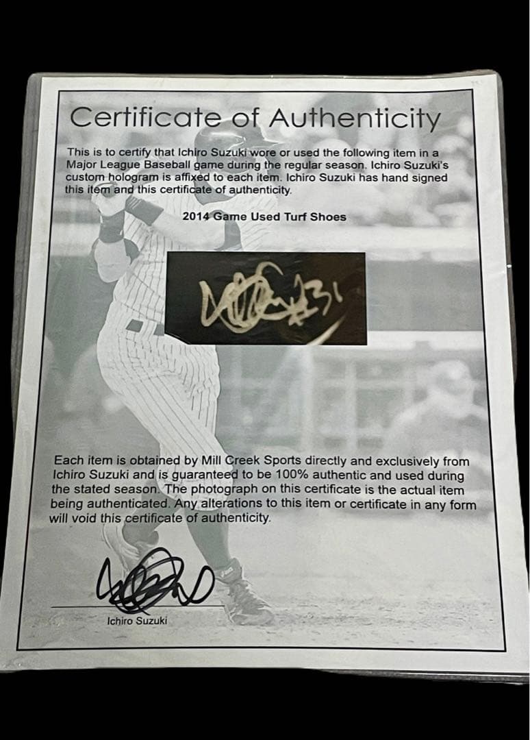 イチロー　2014 公式試合実使用シューズ直筆サイン入り　証明書付き