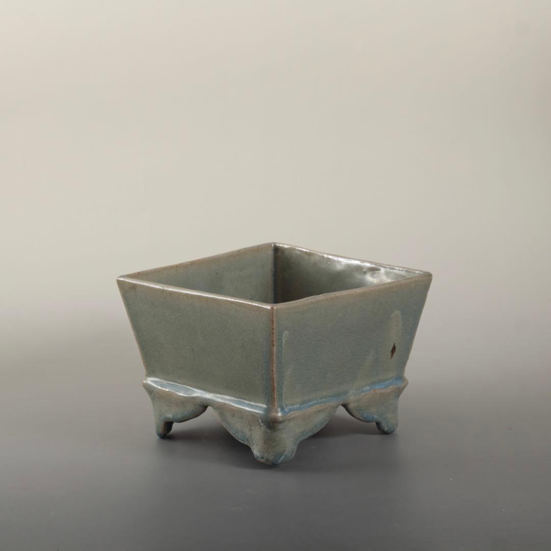 天晴釉 四方形 香炉 倣古 仿汝釉 清朝期？ 中国美術 青磁香炉 古美術 古道具